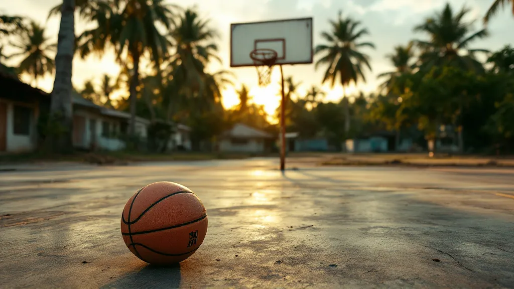 Basketball court at sunset with a ball on the ground.